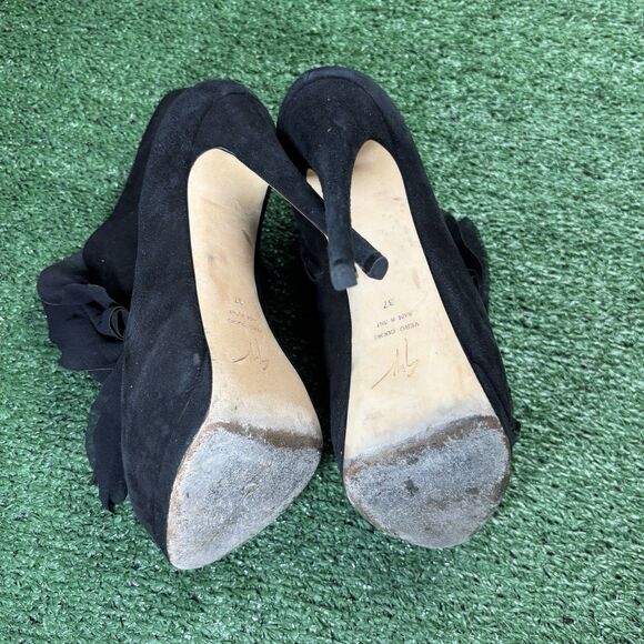 Giuseppe Zanotti Black Suede Frill Peep Toe Ankle Boots High Heels Size 37 US 7 - Picture 6 of 8